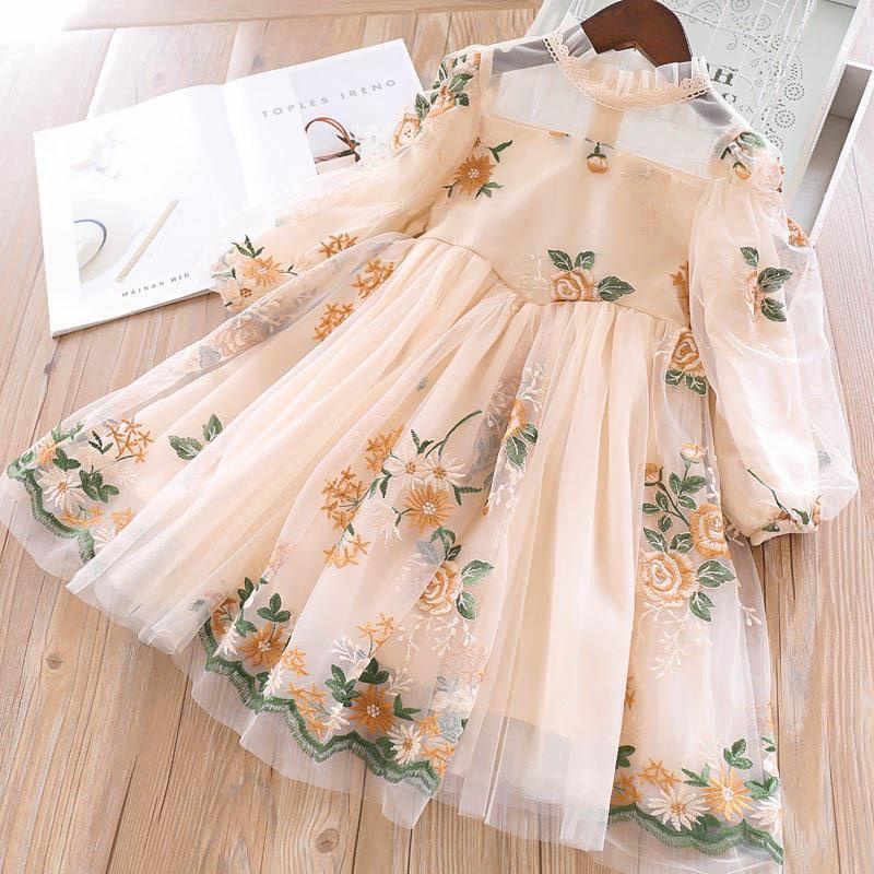 Đầm công chúa tay dài thêu hoa kiểu Hàn Quốc xinh xắn cho bé gái