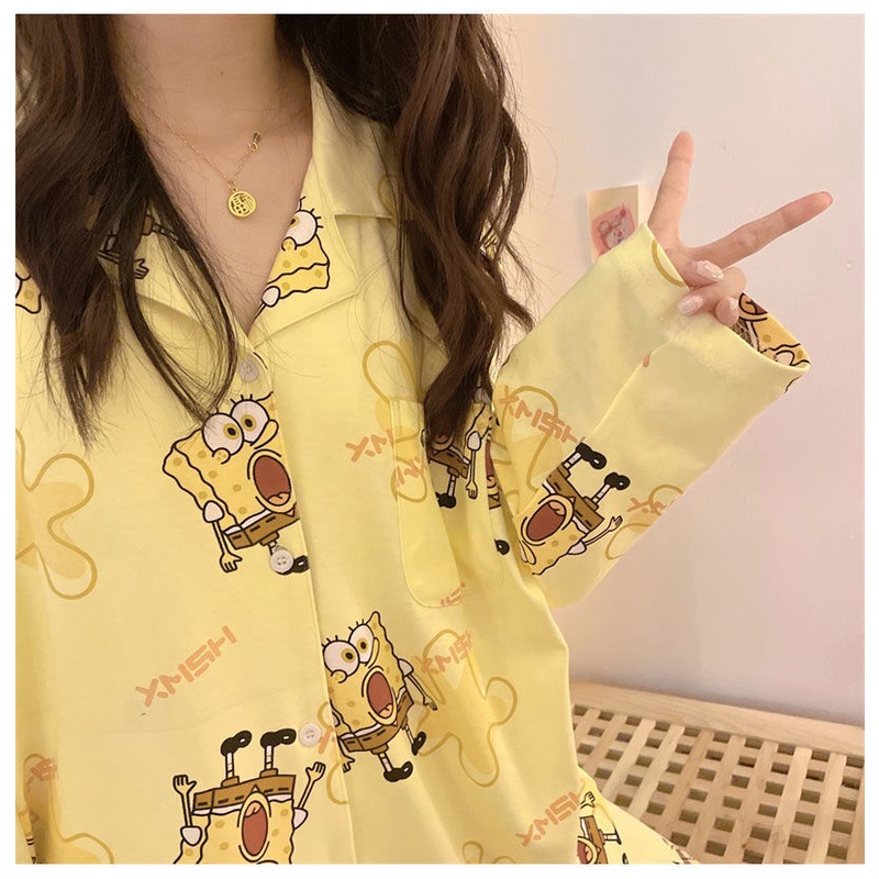 Bộ Đồ Ngủ Tay Dài In Hoạt Hình spongebob Phong Cách Hàn Quốc Cho Nữ