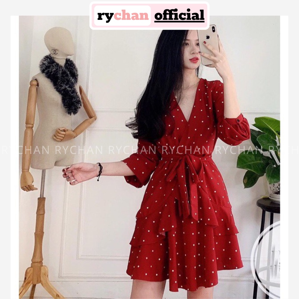 DX667 - Đầm Xòe Chấm Bi Đỏ Cổ V Cột Eo