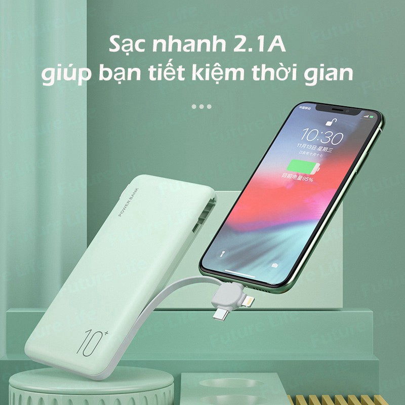 Sạc Dự Phòng 10000mAh Kết Cấu Vỏ Nhám Màu Macaron Hỗ Trợ Sạc 3 Thiết Bị Cùng Lúc