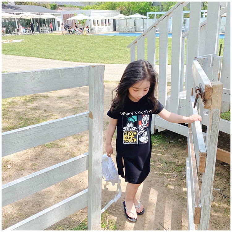 Đầm Thun Dài Tay Ngắn In Hình Chuột Mickey Hoạt Hình Thời Trang Mùa Hè Dành Cho Bé Gái