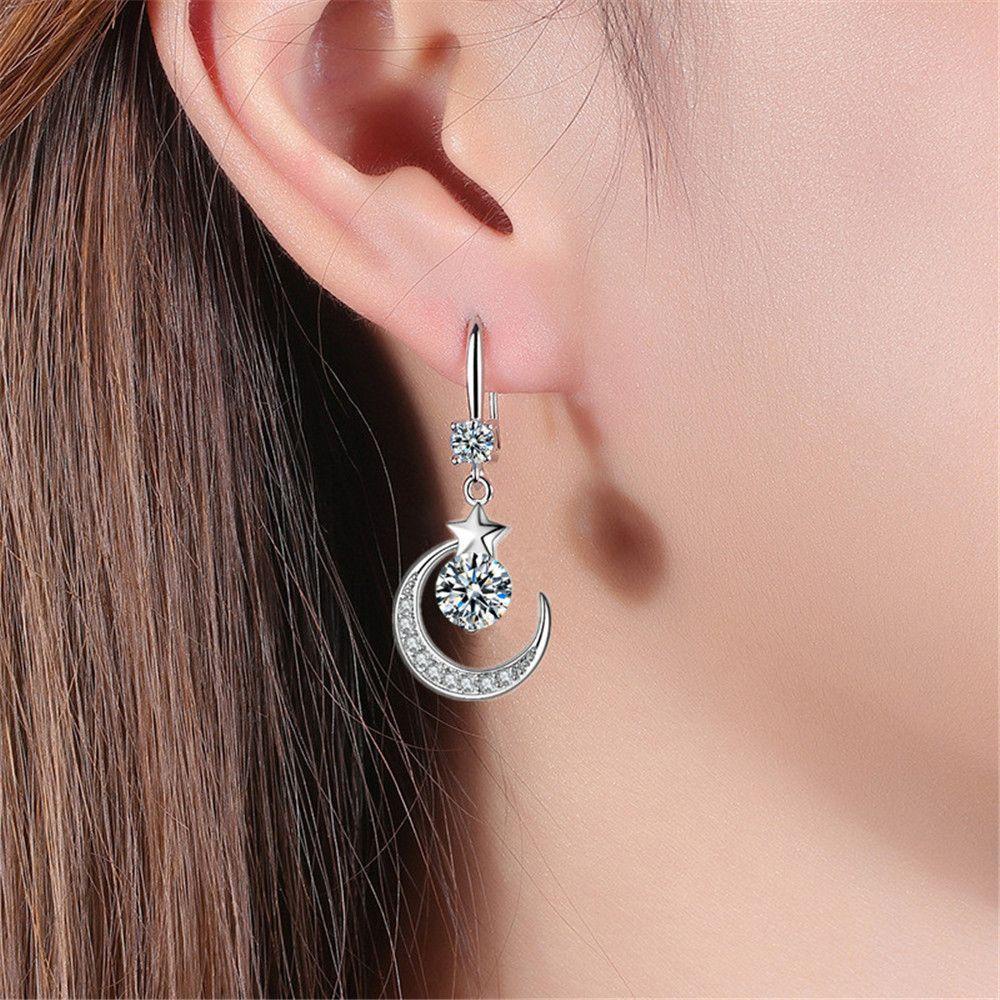 Bông Tai Xỏ Lỗ Dáng Dài Hình Mặt Trăng Ngôi Sao Đính Đá Nhiều Màu Phong Cách Hàn Quốc Thời Trang Cho Nữ