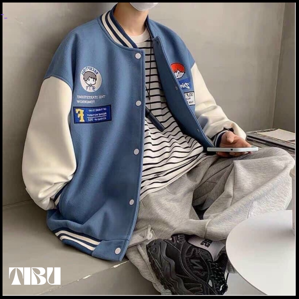 Áo Khoác Bomber Nỉ Phối Tay Hình Cậu Bé Form Rộng Unisex TiBu Unisex