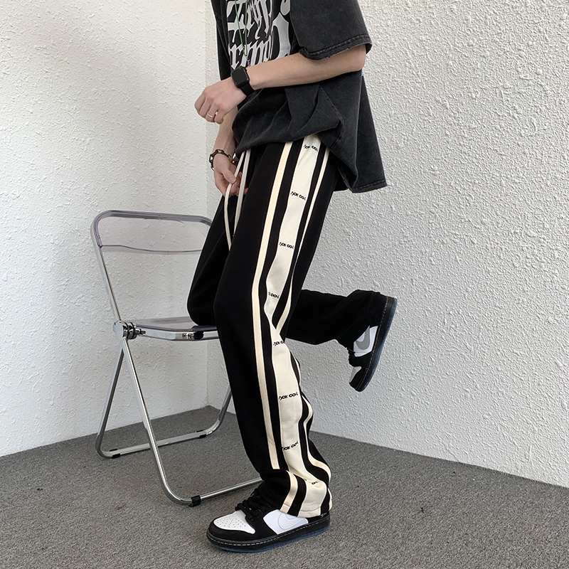 Quần Thể Thao Lưng Cao Ống Rộng In Họa Tiết Kẻ Sọc Bên Hông Phong Cách Đường Phố Mỹ Cho Nữ