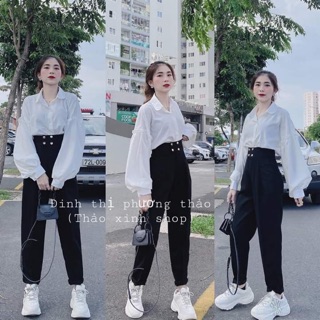 Set áo sơ mi đũi tay bồng dài tay + quần baggy cạp cao 4 cúc