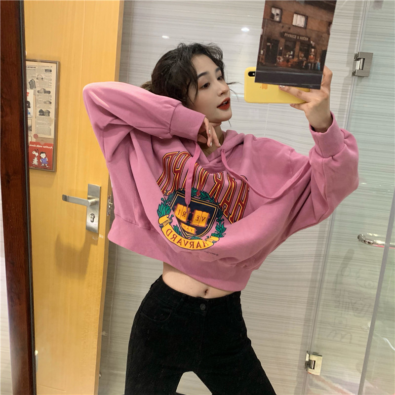 Áo hoodie tay dài dáng rộng in họa tiết duyên dáng phong cách mùa thu