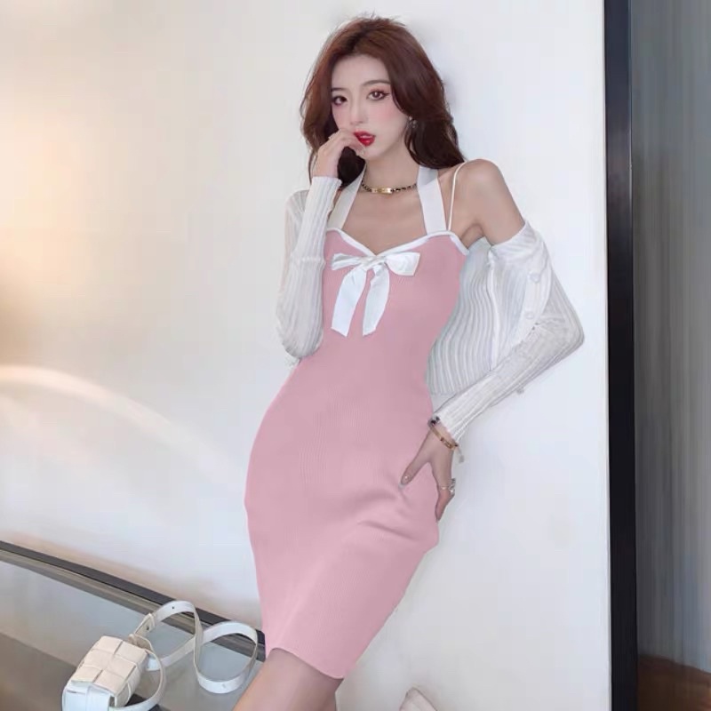 set váy yếm len nơ kèm khoác mỏng (2028#)