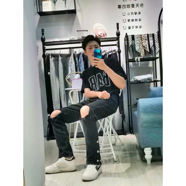 Quần Jeans Nam Rách Gối 🌵 Quần Xẻ Gấu Có Cúc 🌵Hai Màu Đen Và Xanh HipHop