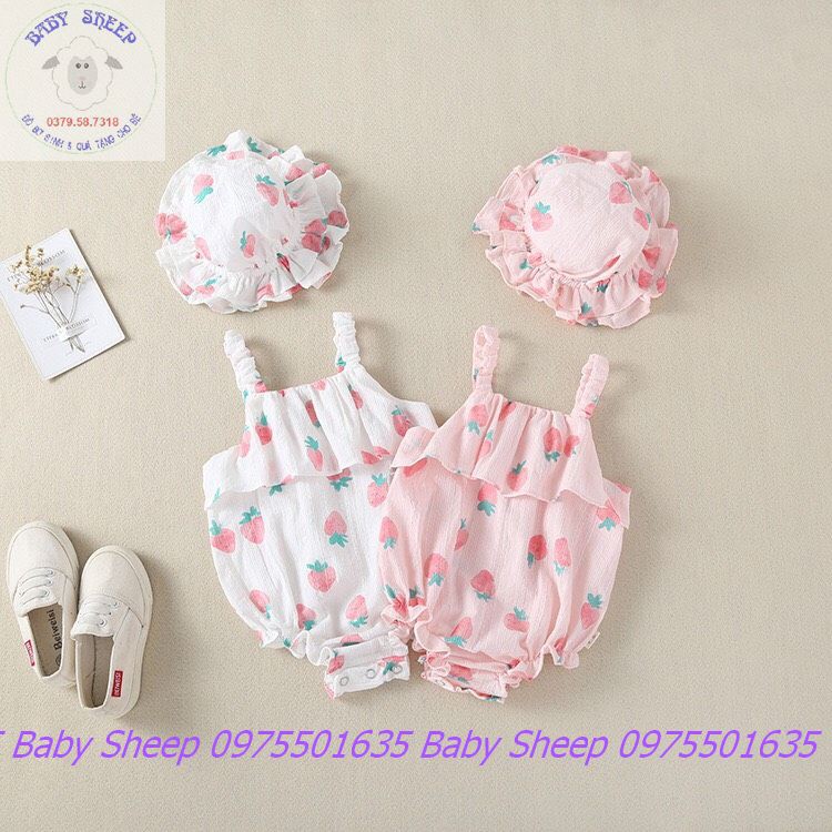 (Tặng kèm mũ) Body hai dây cho bé gái họa tiết dâu tây chất cotton đũi thoáng mát cho bé gái 3-15kg