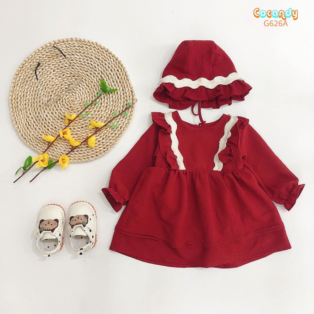 [Cocandy Official Store] Set váy babydoll cho bé kèm mũ chất liệu đũi màu đỏ