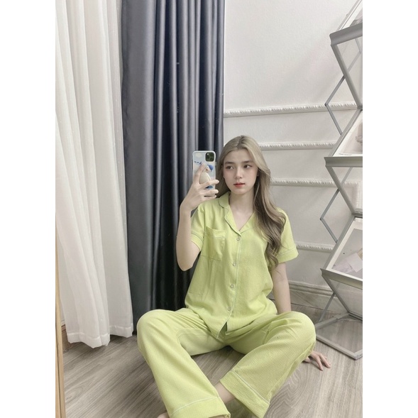 Bộ pijama chất đũi xốp mặc nhà mẫu trơn áo cộc quần dài