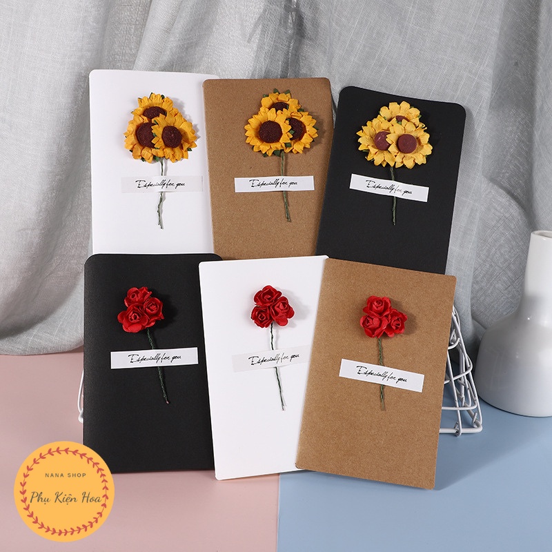 [Set 5 chiếc] Thiệp giấy Karft gắn hoa khô phong cách Vintage thích hợp mọi dịp lễ trong năm