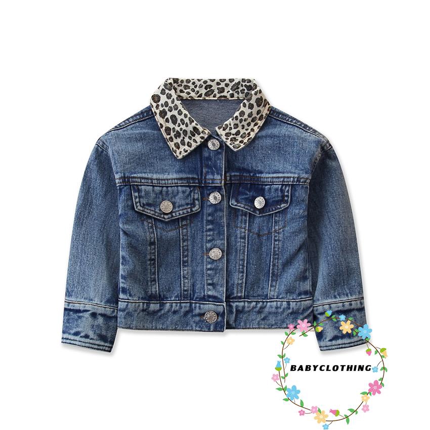 ღWSVღToddler Kids Girl Denim Blue Long Sleeve Slim Fit Jacket Leopard Turn-Down Collar Coat