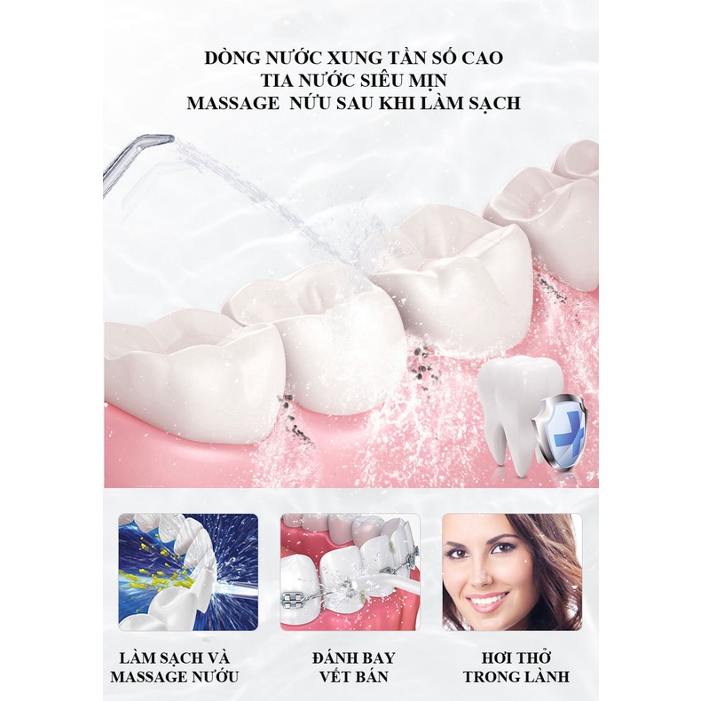 Máy Tăm Nước Cầm Tay Giá Rẻ, 3 chế độ làm sạch, đầu phun xoay 360 độ, chống nước 100%
