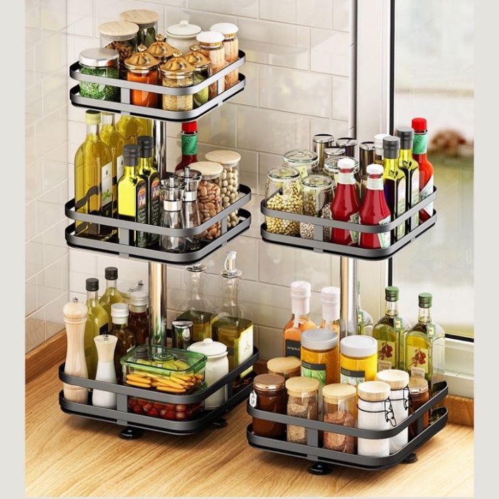 Kệ Đựng Gia Vị 2 Tầng, 3 Tầng, Kệ Để Đồ Nhà Bếp Thông Minh Dáng Vuông, Tròn