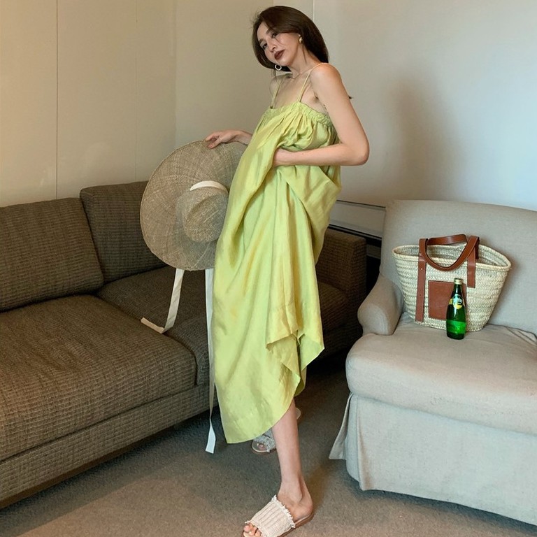 Cocory vn Đầm Ống Hai Dây Đính Bóng Lông Phong Cách Retro Pháp Cho Nữ