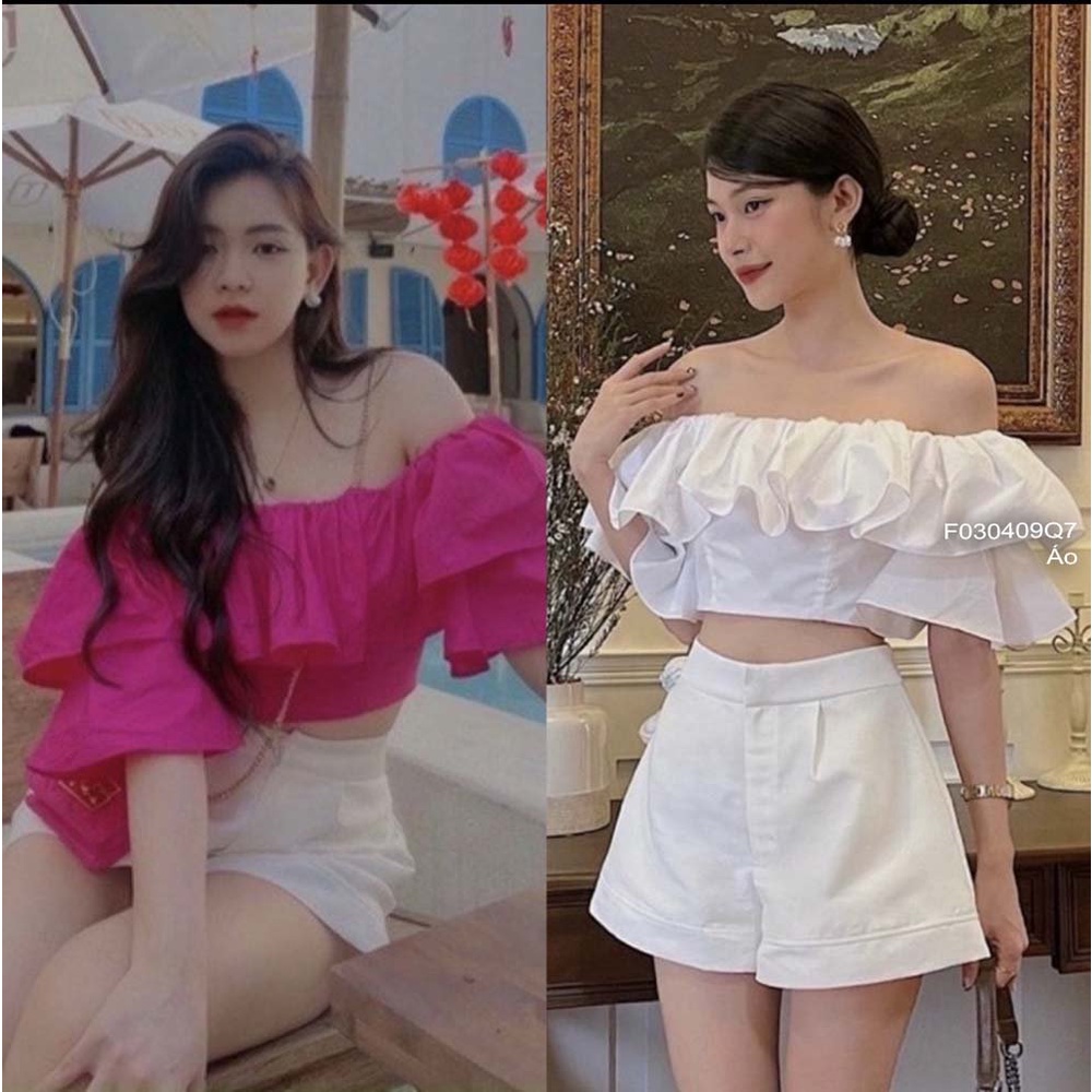 Áo thô croptop lưng có khóa kéo phối bèo ngực bẹt vai!