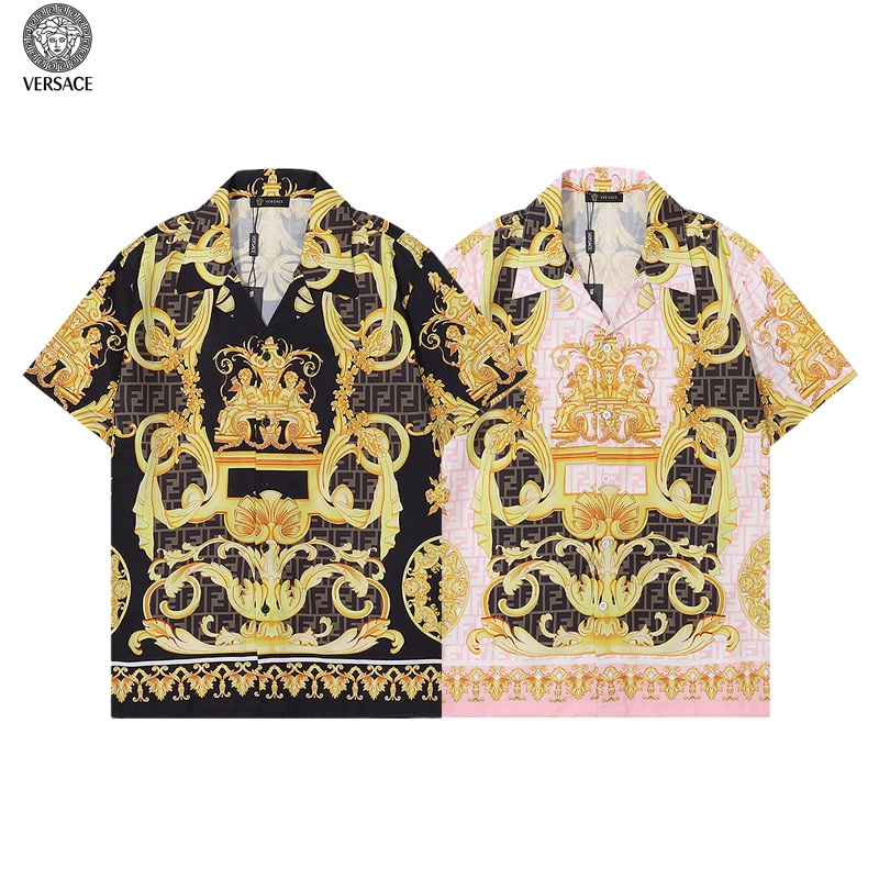 Áo Sơ Mi Ngắn Tay Dáng Rộng In Biểu Tượng Versace Màu Vàng Đen Bắt Mắt Sang Trọng Giản Dị