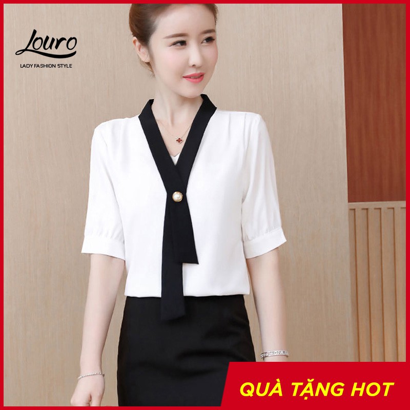 Áo kiểu nữ công sở Louro L227,CÓ ẢNH THẬT mẫu áo sơ mi tay ngắn cổ chữ V, chất liệu voan thoáng mát