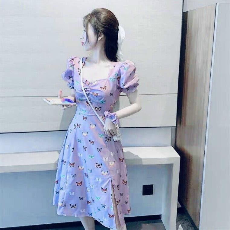 Váy cổ vuông dáng xòe họa tiết bướm , đầm nữ xẻ tà tay phồng nằm trong bộ sưu tập đầm ulzzang hot nhất 2021 | BigBuy360 - bigbuy360.vn
