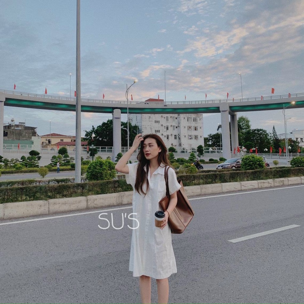 Váy sơ mi dáng dài suông có cổ basic siêu hot