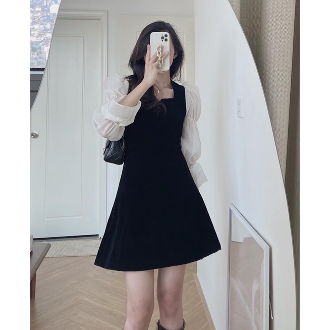 Váy nhung đen pha tay cách điệu