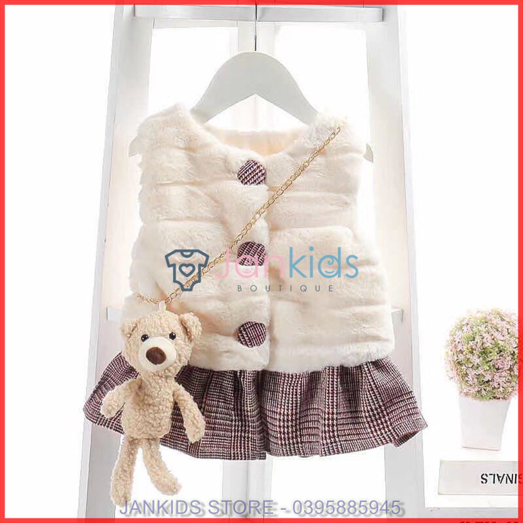 Áo khoác gile lông kèm chân váy kẻ sành điệu cho bé gái hàng quảng châu
