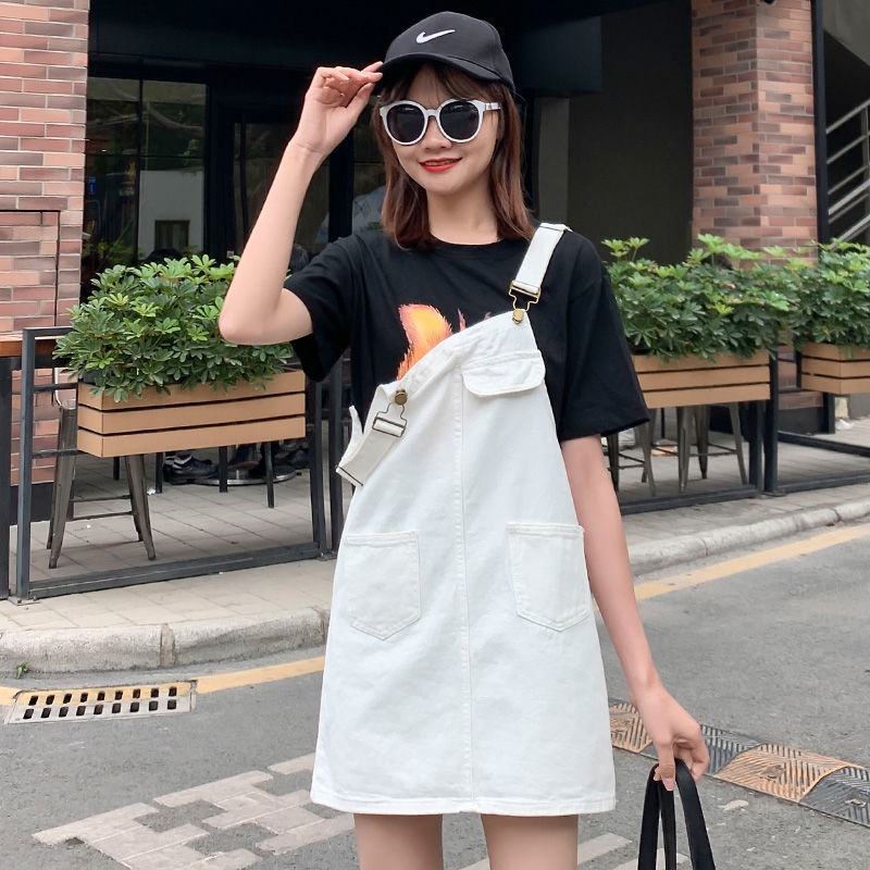 Đầm Yếm Denim Đen Dáng Rộng Phong Cách Hàn Quốc Thời Trang Xuân Hè Cho Nữ