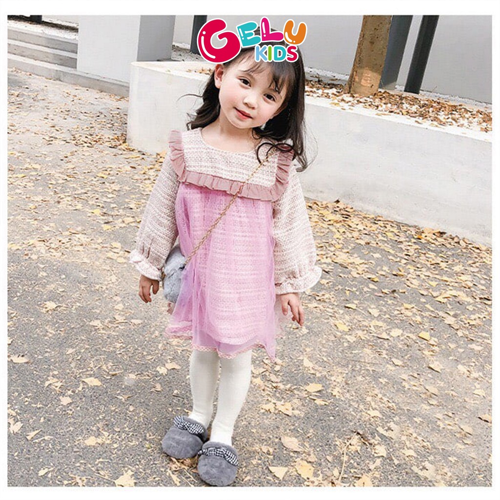 Váy dạ hồng lót lông mix voan GELU dáng babydoll dễ thương cho bé