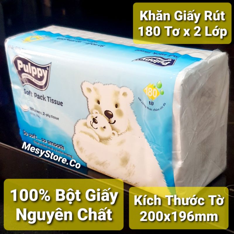 Khăn Giấy Rút Pulppy Soft Pack Tisue Gấu Trắng 180 Tờ 2 Lớp Mềm Mại Mịn Màng