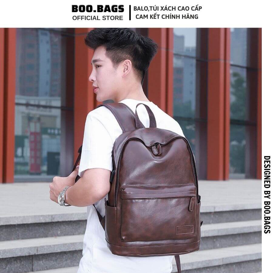 Balo Da Nam Basic, Cặp Da Trơn Cao Cấp Đi Học, Đi Làm Chống Nước Cho Laptop 14.5IN Boobags  Boo-003
