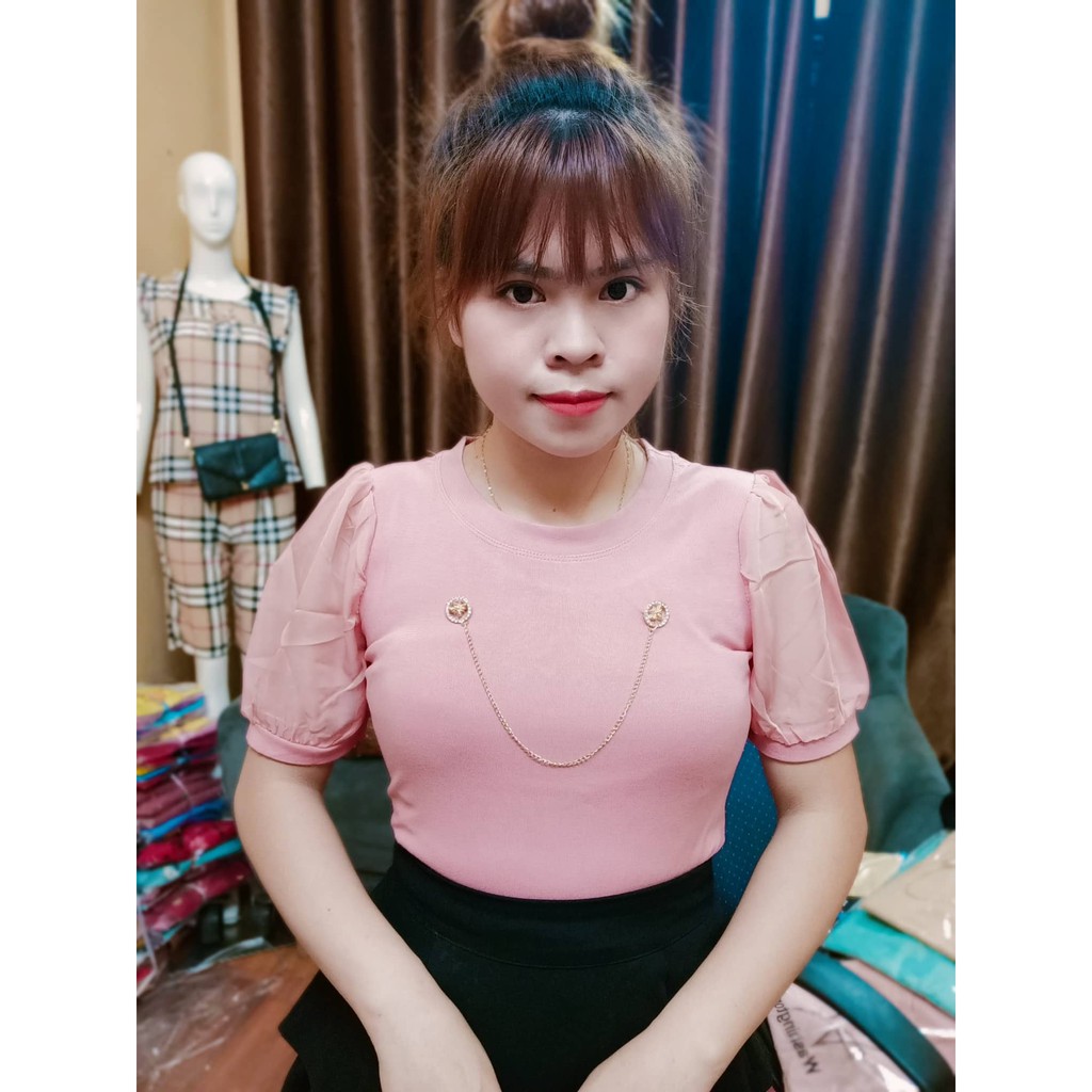 Áo thun tay bồng , Áo kiểu cổ tròn ngắn tay vai bồng vải cotton co giãn,ngực gắn tag cài - M01- thutrang fashion