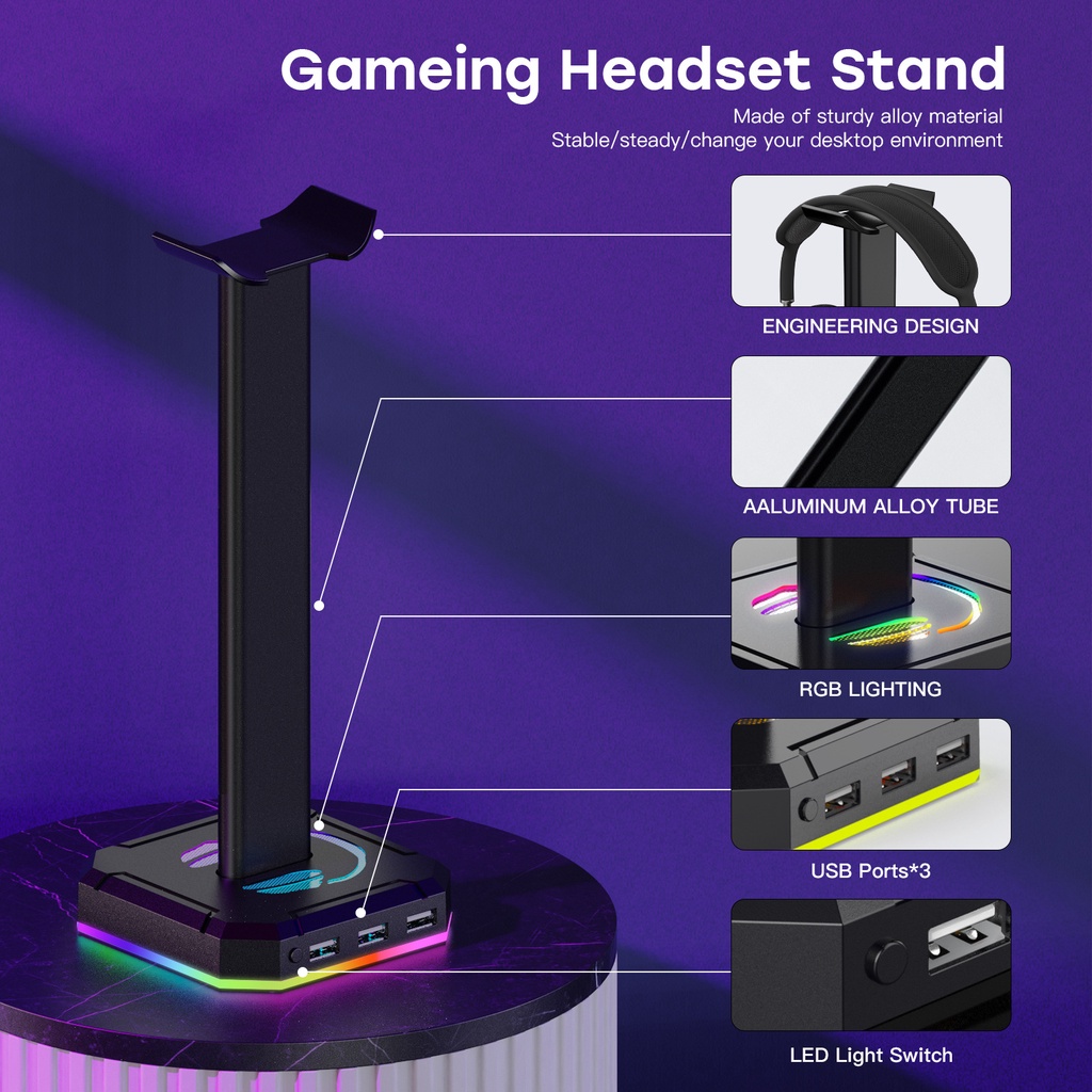 [Có 2 Màu] Kệ Đỡ Treo Tai Nghe PC Gaming Có LED RGB, Chân Đế Chắc Chắn Chống Trơn Trượt, Jack Cắm USB.
