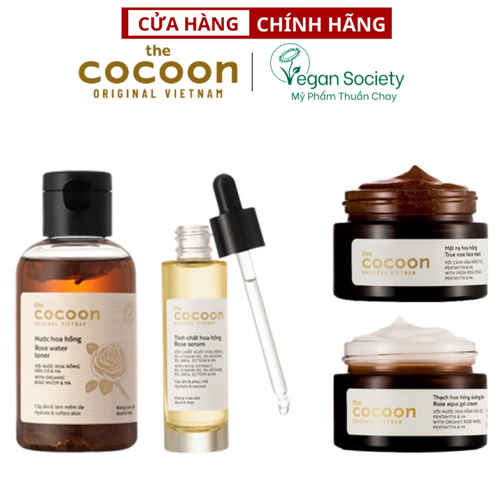 Combo Từ Hoa Hồng Dưỡng Ẩm Da Mặt Chuyên Sâu Tinh Chất Serum + Nước Cân Bằng Da Toner + Mặt Nạ + Thạch Hoa Hồng Cocoon