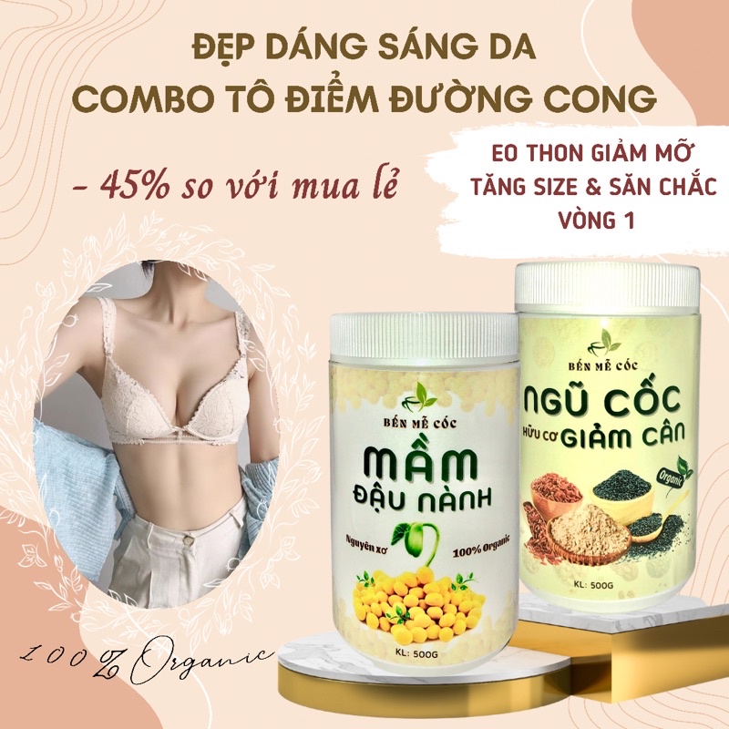 COMBO mầm đậu nành nguyên xơ hỗ trợ tăng vòng 1 và ngũ cốc hỗ trợ giảm cân Bến Mễ Cốc hộp 500G (có giấy ATVSTP & HKD)