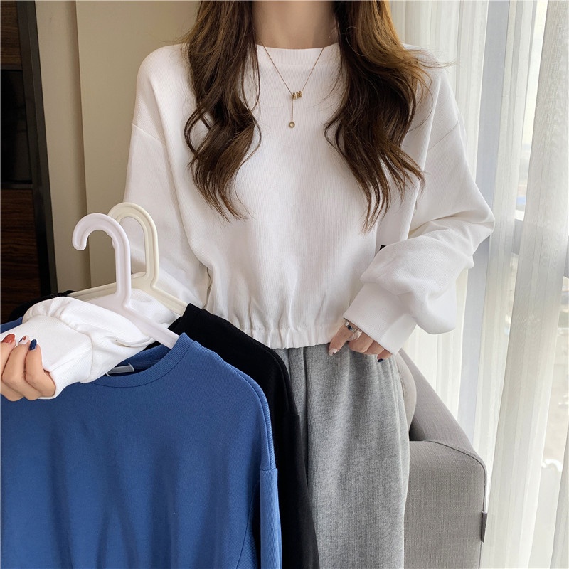 SUXI Áo Sweater Tay Dài Màu Sắc Đơn Giản Lưng Cao Dễ Phối Đồ Thời Trang Cho Nữ