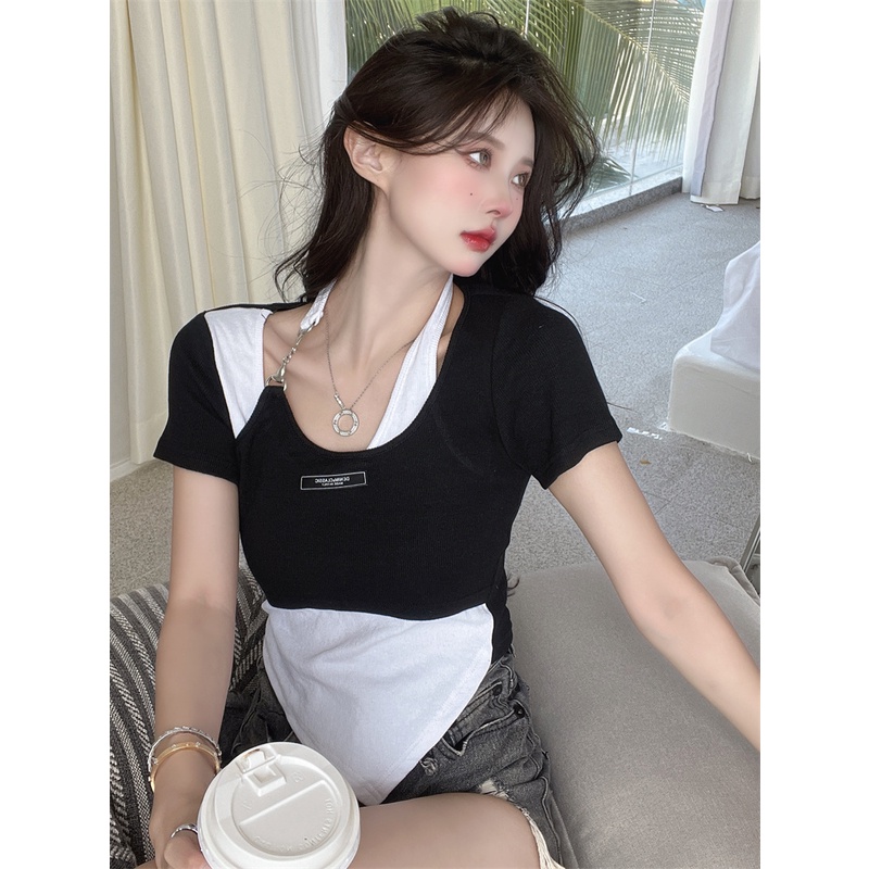 QKOOLE  Áo Thun Nữ Ngắn Tay Có Khóa Kéo Thời Trang