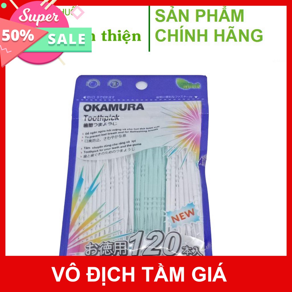 Tăm nhựa nha khoa Okamura 120 que giúp làm sạch kẽ răng, loại bỏ mảng bám, an toàn cho người sử dụng