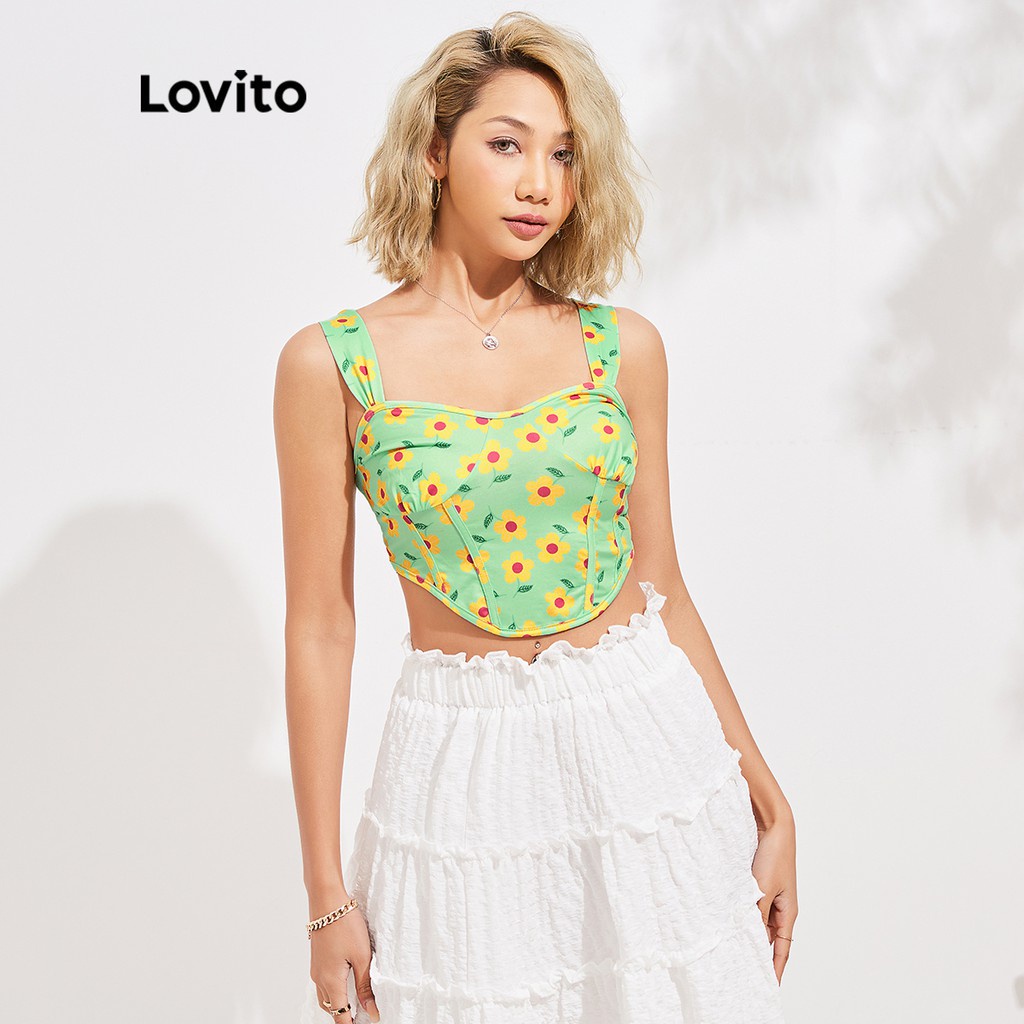 Áo Lovito hở lưng họa tiết hoa phong cách cổ điển L16E004 (Màu xanh lá)