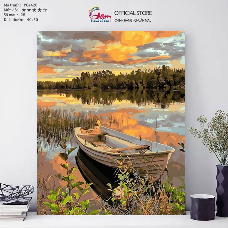 Tranh tô màu theo số Gam phong cảnh hồ nước hoàng hôn đã căng khung 40x50cm PC4420