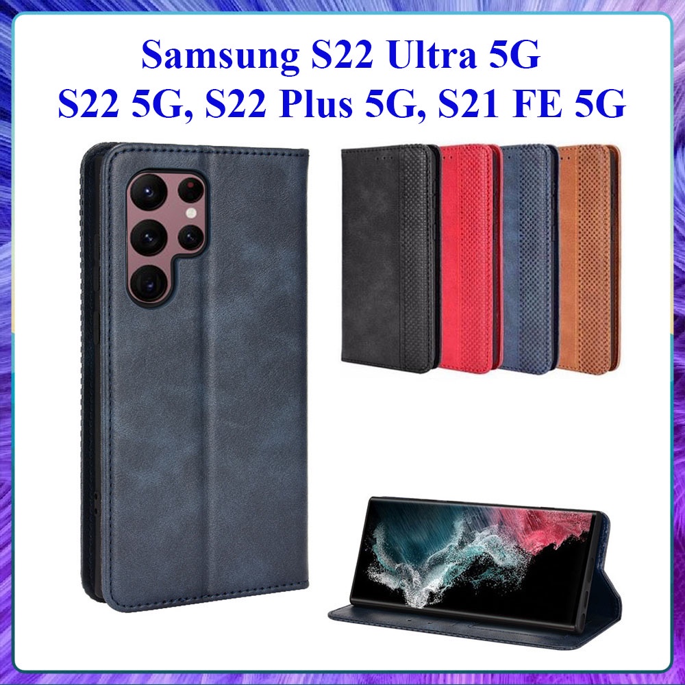 Bao da dạng ví Samsung S22 Ultra 5G, S22 5G, S22 Plus 5G, S21 Fe 5G  có nắp gập, ngăn đựng thẻ ATM tiền