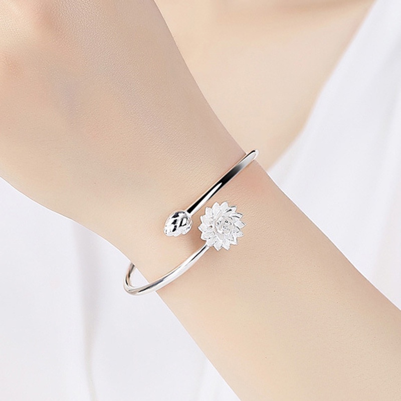 Vòng Đeo Tay Dạng Hở Hình Hoa Sen Màu Bạc Phong Cách retro Hàn Quốc