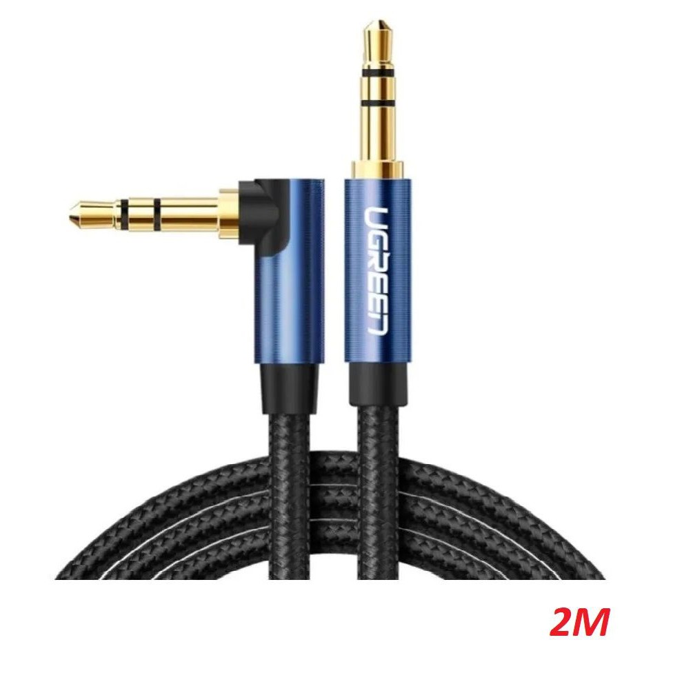 Ugreen 60181 2M màu đen cáp bẻ góc 90 độ 3.5mm mạ vàng 24K đầu màu xanh bọc kim loại chống nhiễu AV1