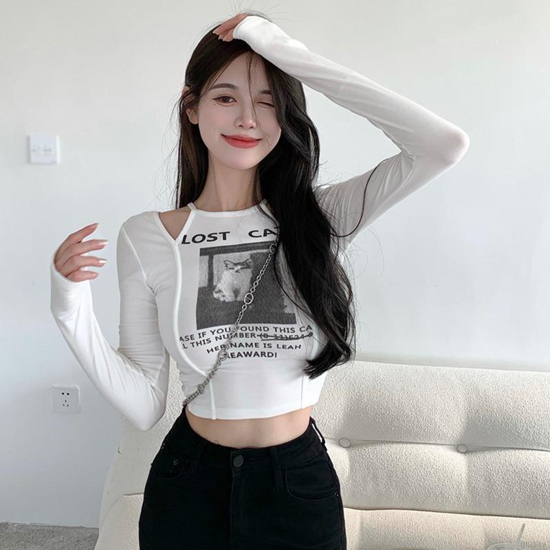 Áo thun lửng tay dài khoét vai gợi cảm cho nữ