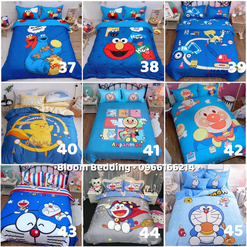 (65 Mẫu) Set Chăn Ga Gối Cotton Yumi 4 Món Cho Bé - Doremon / Peppa / Hello Kitty / Người máy / Siêu nhân / Công chúa