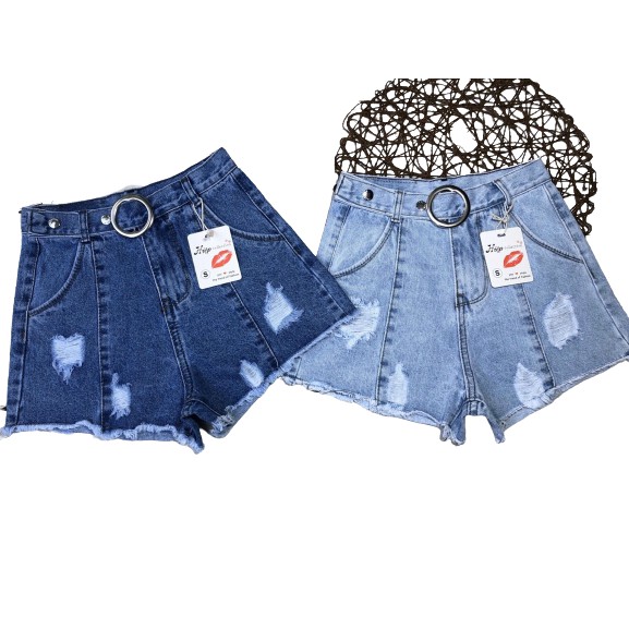 Quần sọt jean nữ lưng cao phối khoen lưng