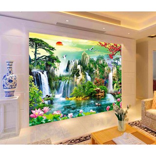 Tranh dán tường 3D sơn thủy hữu tình- vải lụa phủ kim tuyến- kích thước theo yêu cầu