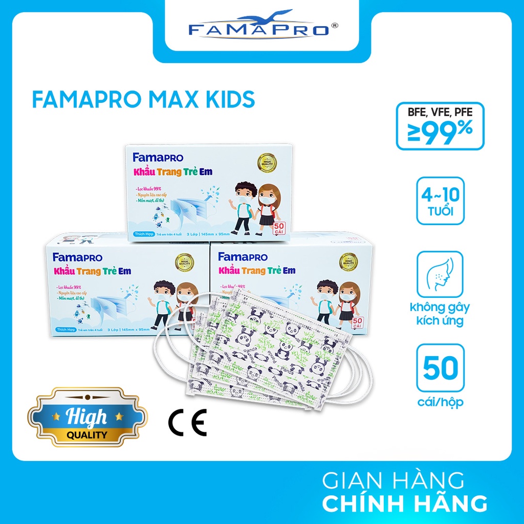 [Cho trẻ em từ 4-10 tuổi] Combo 3 hộp Famapro Max Kids Hộp 50 cái Khẩu trang y tế trẻ em kháng khuẩn 3 lớp