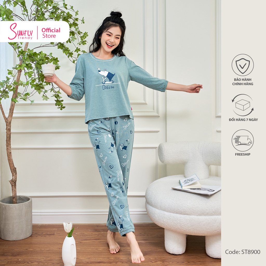 Bộ Mặc Nhà Nữ Cotton Sunfly Áo Tay Lỡ, Quần Dài St8900