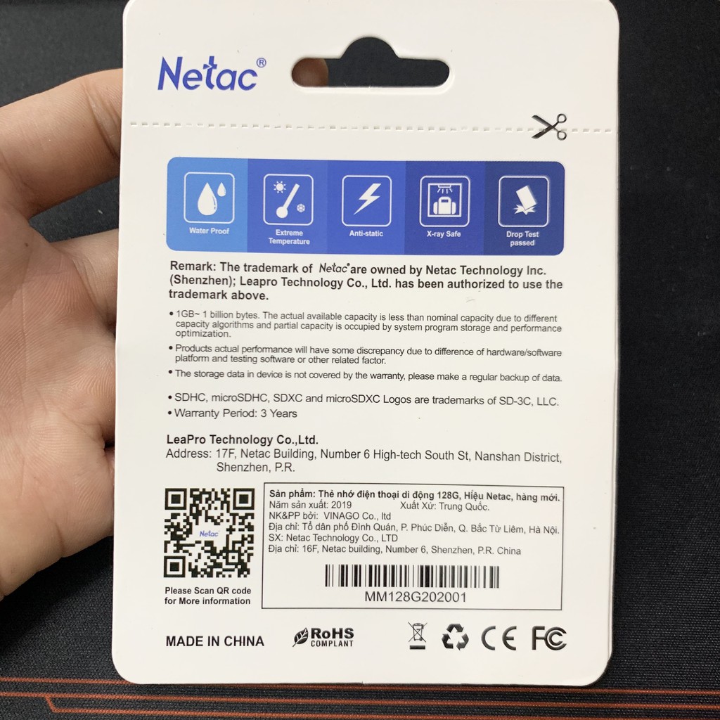 (Tem Vinago) Thẻ nhớ Netac 128GB Class10- 80Mb/s- Bảo hành 5 năm